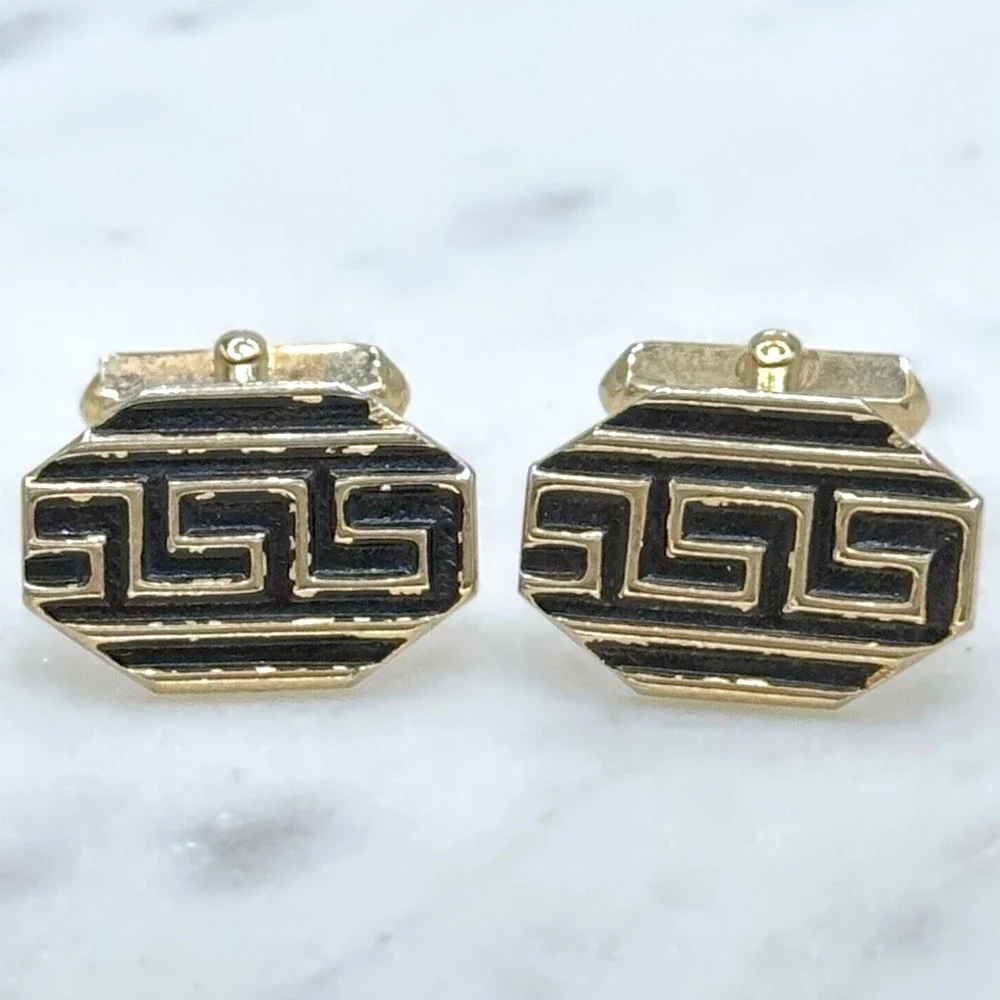 Vintage SWANK Gold Tone & Black Meander Greek Pattern Bullet Back Cufflinks